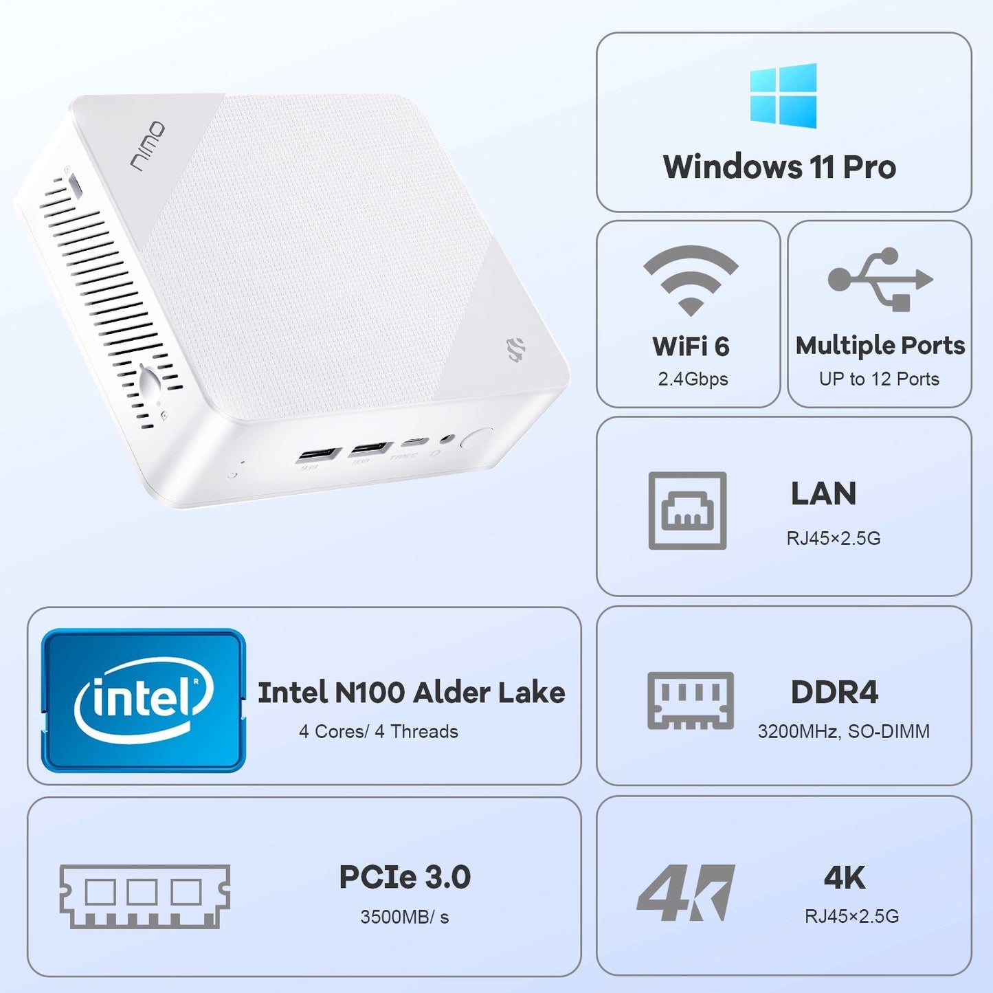 TEMELLSAN Minipc DNB20 (In Macaron) Intel N100 Processor for Home and School - 16GB - 1TB - White
